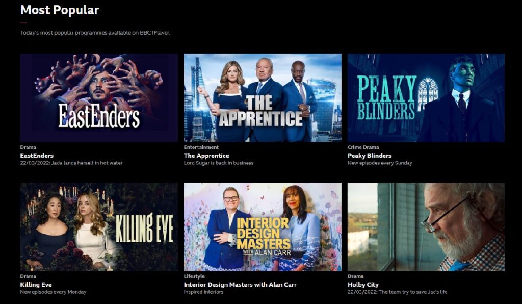 Screenshot of BBC iPlayer in Sweden